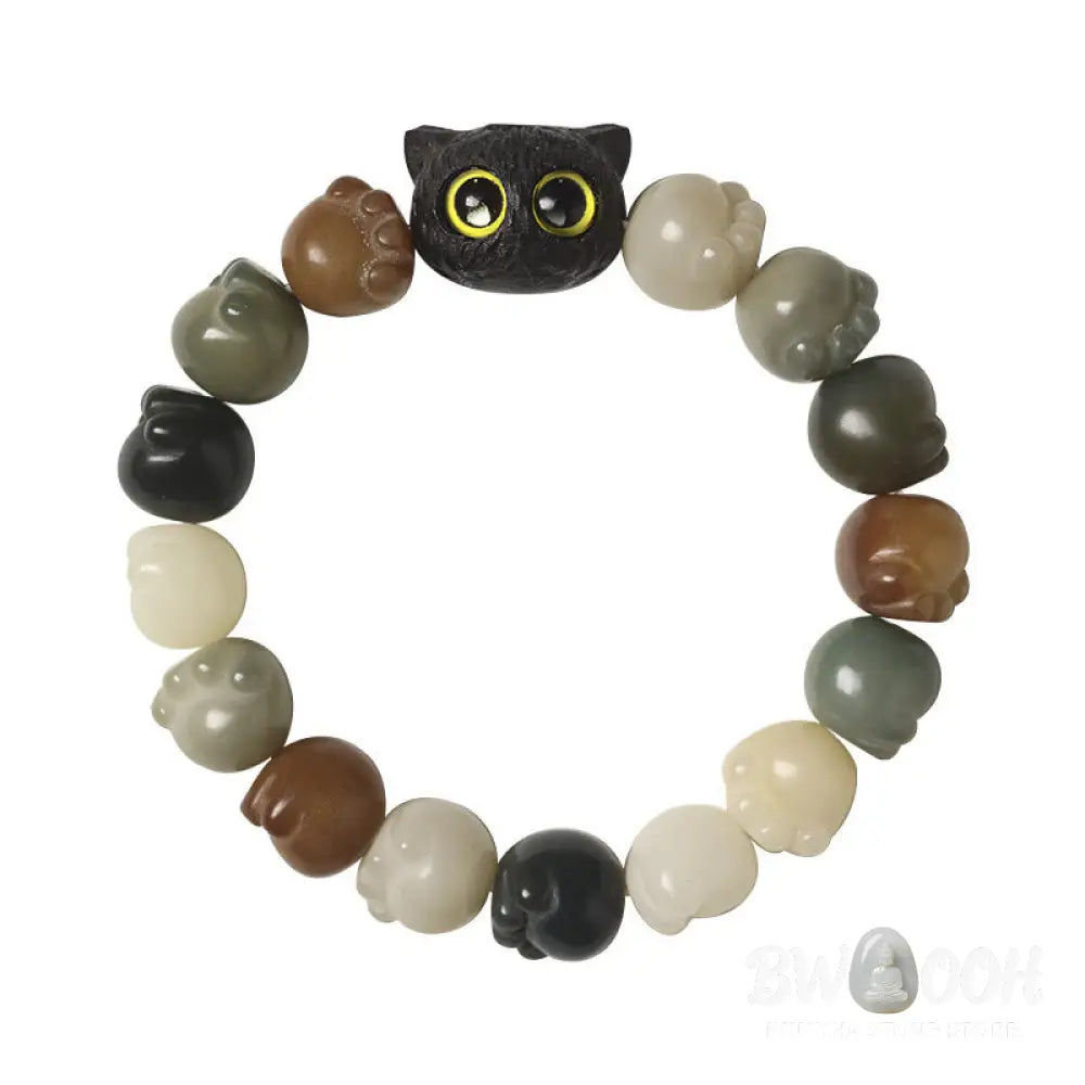Buddha Stones Natural Bodhi Seed Lovely Paw Ebony Wood Lucky Cat Wisdom Bracelet - BWOOOH - Bracelet