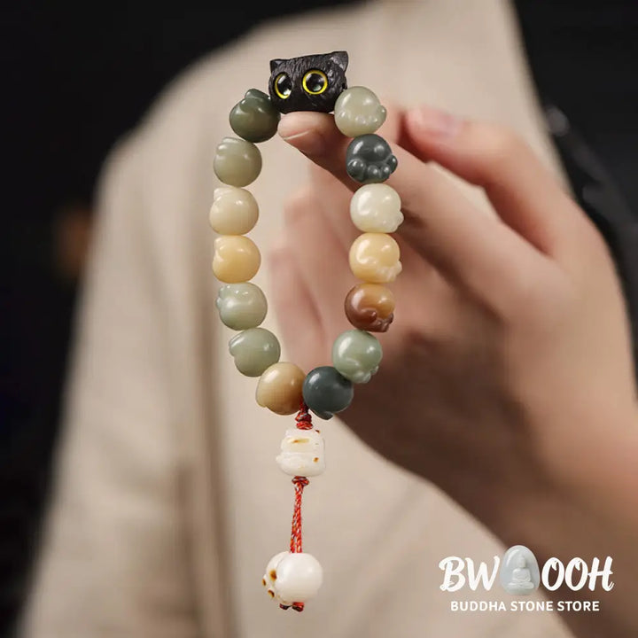 Buddha Stones Natural Bodhi Seed Lovely Paw Ebony Wood Lucky Cat Wisdom Bracelet - BWOOOH - Bracelet