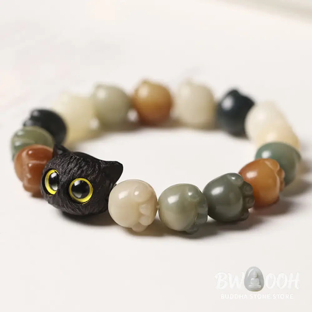 Buddha Stones Natural Bodhi Seed Lovely Paw Ebony Wood Lucky Cat Wisdom Bracelet - BWOOOH - Bracelet