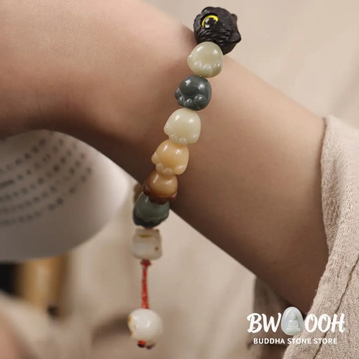 Buddha Stones Natural Bodhi Seed Lovely Paw Ebony Wood Lucky Cat Wisdom Bracelet - BWOOOH - Bracelet