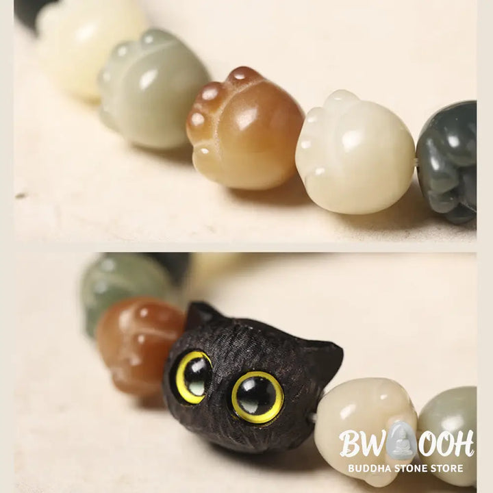 Buddha Stones Natural Bodhi Seed Lovely Paw Ebony Wood Lucky Cat Wisdom Bracelet - BWOOOH - Bracelet