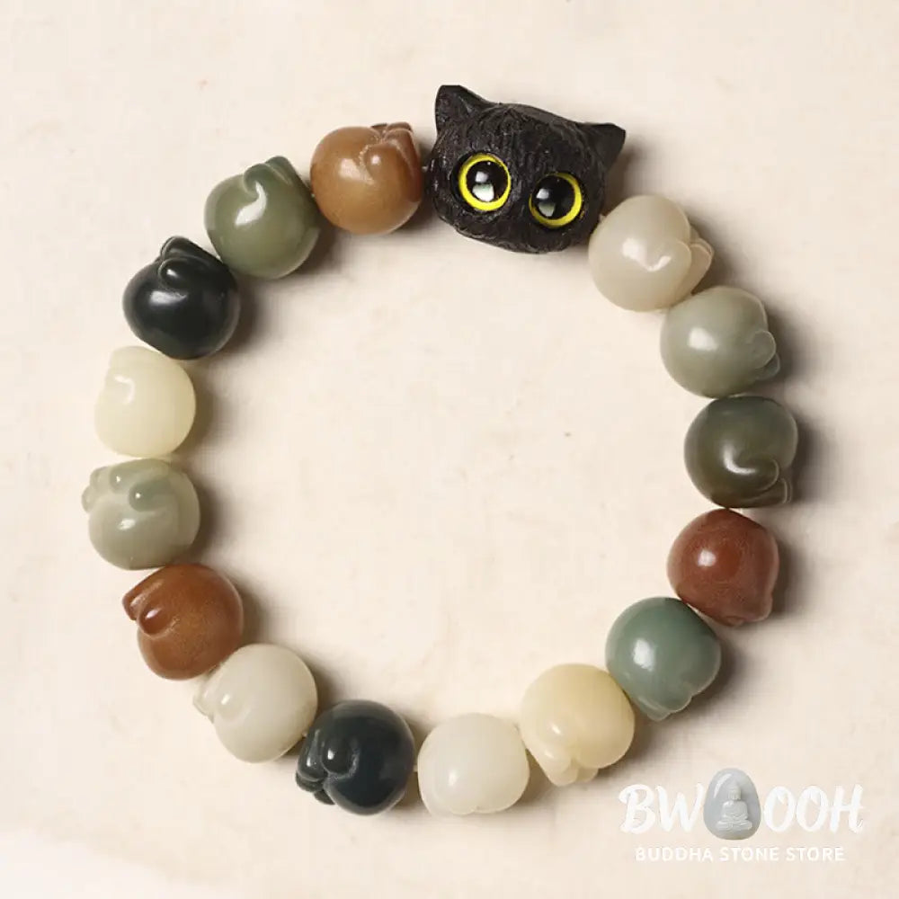 Buddha Stones Natural Bodhi Seed Lovely Paw Ebony Wood Lucky Cat Wisdom Bracelet - BWOOOH - Bracelet