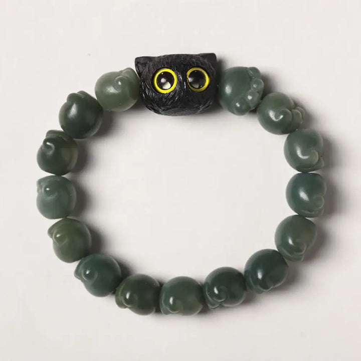 Buddha Stones Natural Bodhi Seed Lovely Paw Ebony Wood Lucky Cat Wisdom Bracelet - BWOOOH - Green Bodhi Seed / Simple