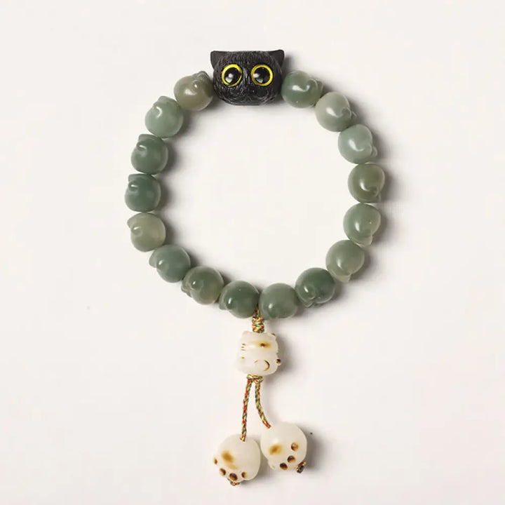 Buddha Stones Natural Bodhi Seed Lovely Paw Ebony Wood Lucky Cat Wisdom Bracelet - BWOOOH - Green Bodhi Seed / Tassel