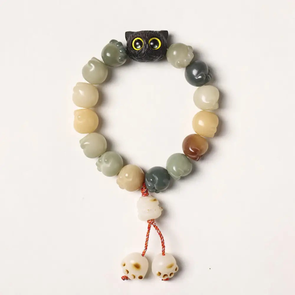 Buddha Stones Natural Bodhi Seed Lovely Paw Ebony Wood Lucky Cat Wisdom Bracelet - BWOOOH - Multicolored Bodhi Seed