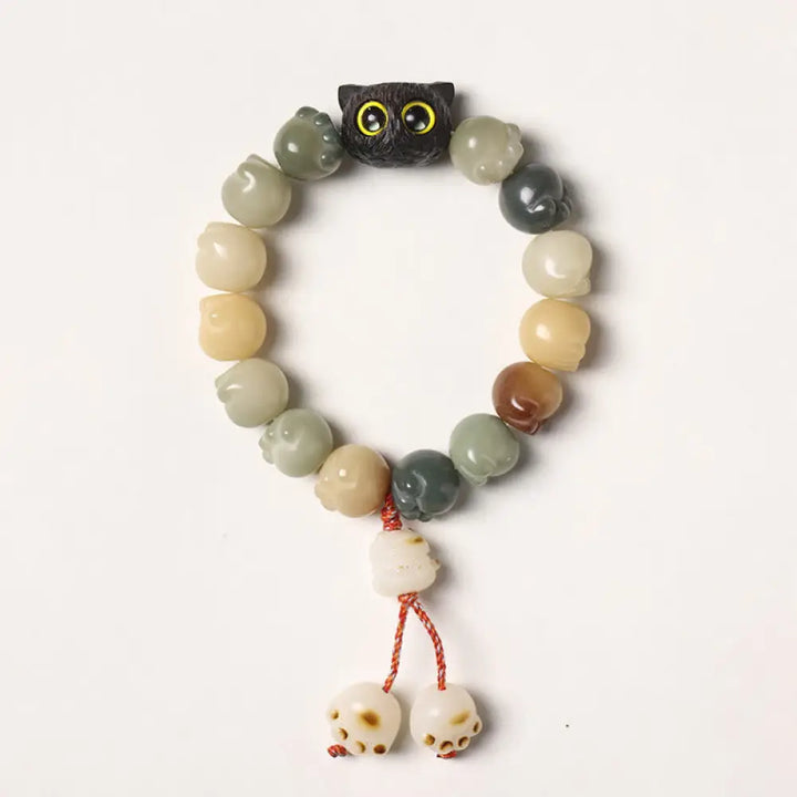 Buddha Stones Natural Bodhi Seed Lovely Paw Ebony Wood Lucky Cat Wisdom Bracelet - BWOOOH - Multicolored Bodhi Seed