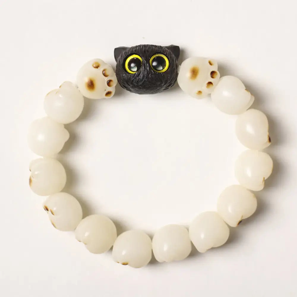 Buddha Stones Natural Bodhi Seed Lovely Paw Ebony Wood Lucky Cat Wisdom Bracelet - BWOOOH - White Bodhi Seed / Simple