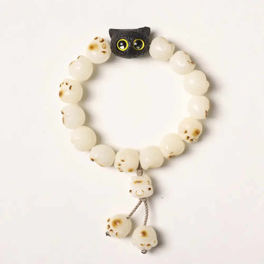 Buddha Stones Natural Bodhi Seed Lovely Paw Ebony Wood Lucky Cat Wisdom Bracelet - BWOOOH - White Bodhi Seed / Tassel