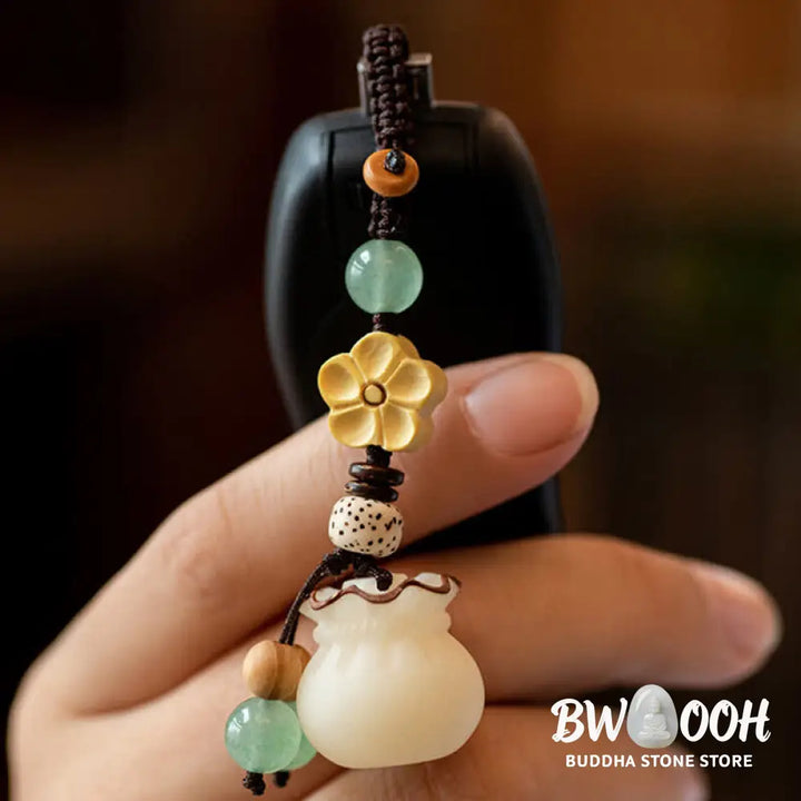 Buddha Stones Natural Bodhi Seed Money Bag Flower Blessing Prosperity Keychain - Key Chain