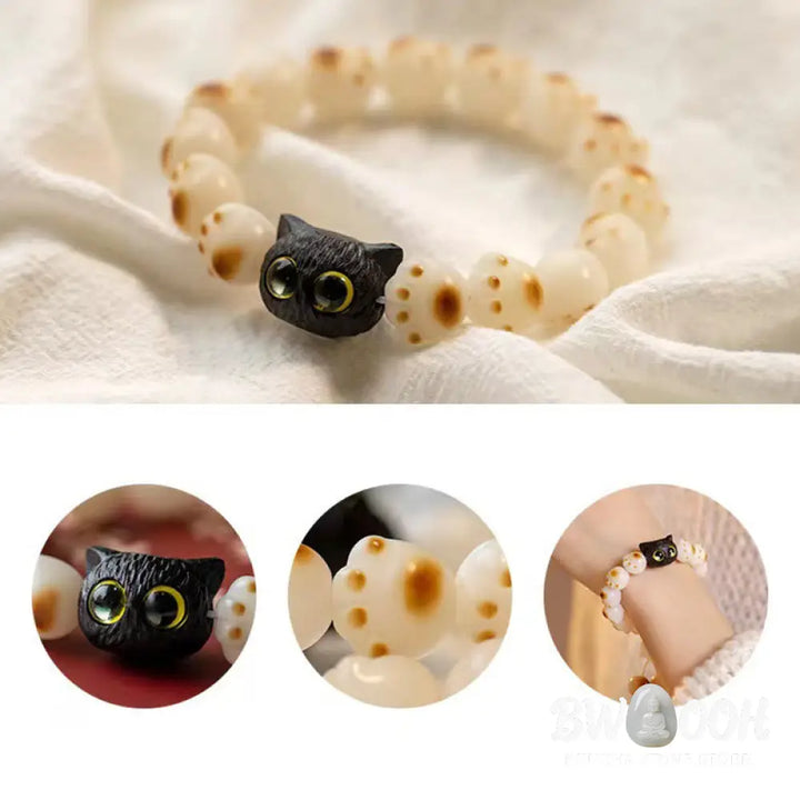 Buddha Stones Natural Bodhi Seed Red Sandalwood Lovely Paw Lucky Cat Peace Bracelet - BWOOOH - Bracelet
