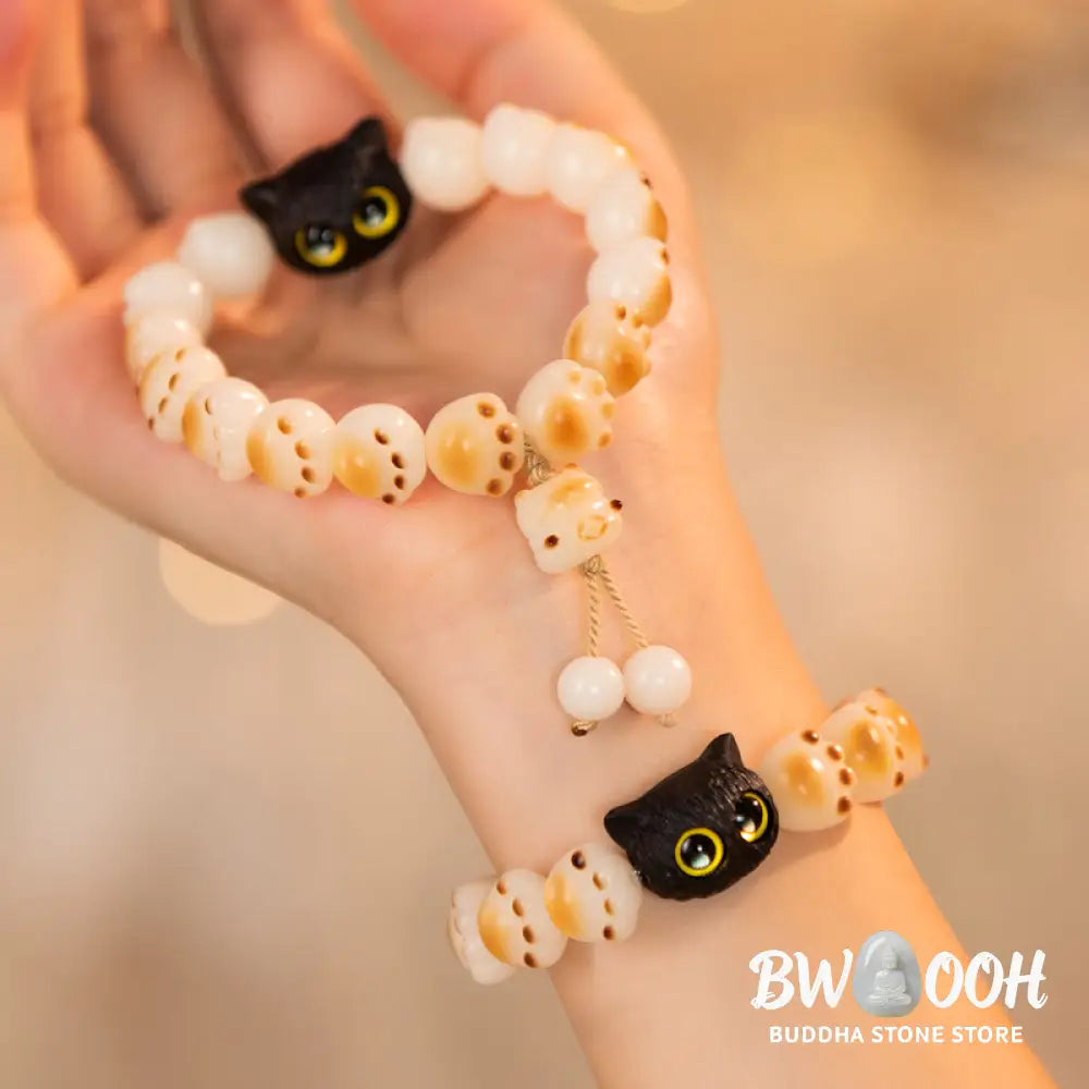 Buddha Stones Natural Bodhi Seed Red Sandalwood Lovely Paw Lucky Cat Peace Bracelet - BWOOOH - Bracelet