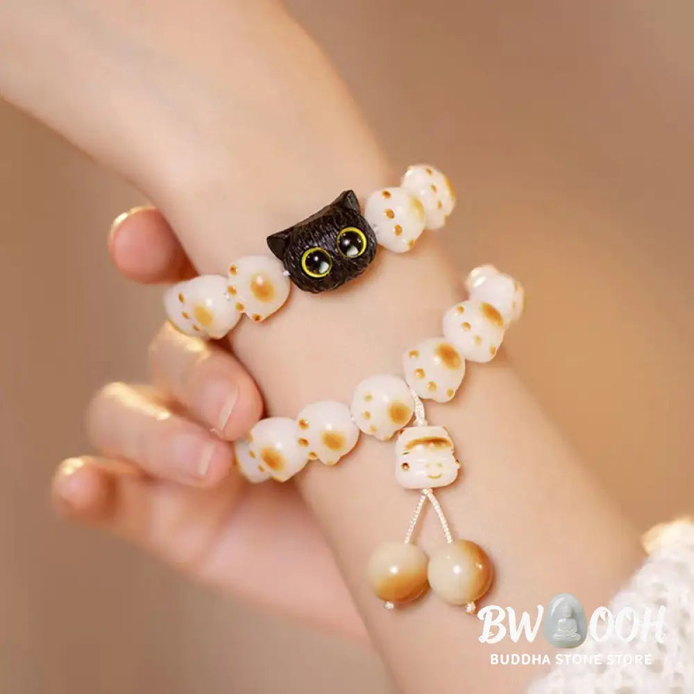 Buddha Stones Natural Bodhi Seed Red Sandalwood Lovely Paw Lucky Cat Peace Bracelet - BWOOOH - Bracelet