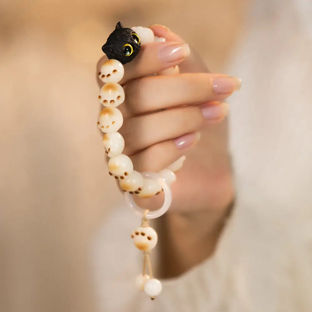 Buddha Stones Natural Bodhi Seed Red Sandalwood Lovely Paw Lucky Cat Peace Bracelet - BWOOOH - Bodhi Seed&amp;Running Ring