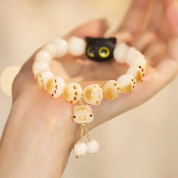 Buddha Stones Natural Bodhi Seed Red Sandalwood Lovely Paw Lucky Cat Peace Bracelet - BWOOOH - Bodhi Seed&amp;Tassel (Wrist