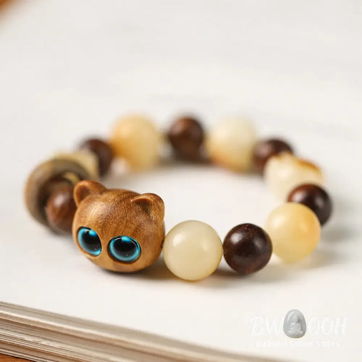 Buddha Stones Natural Bodhi Seed Sandalwood Lucky Cute Cat Head Paw Claw Peace Bracelet - BWOOOH - Bracelet