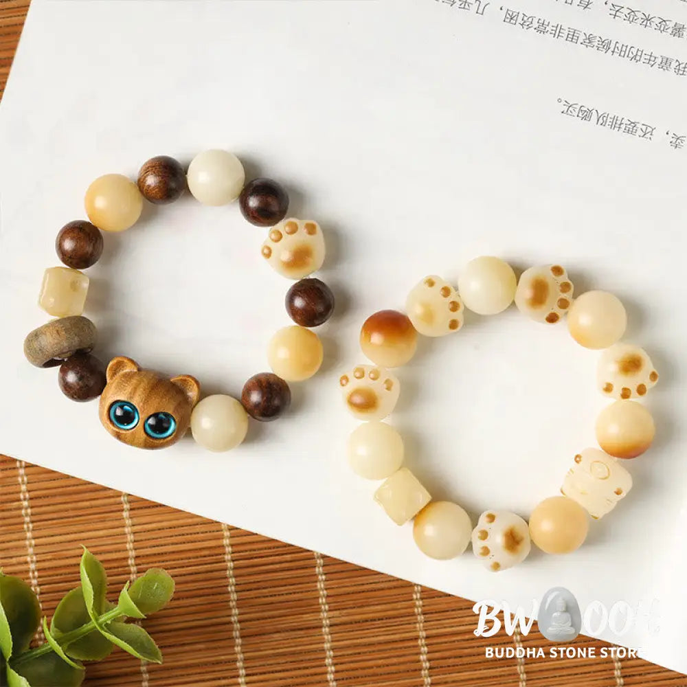Buddha Stones Natural Bodhi Seed Sandalwood Lucky Cute Cat Head Paw Claw Peace Bracelet - BWOOOH - Bracelet