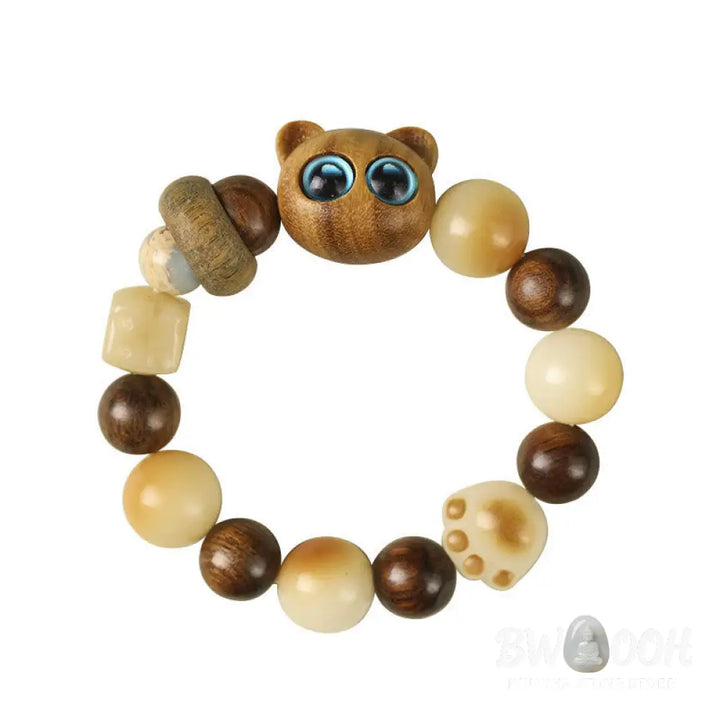 Buddha Stones Natural Bodhi Seed Sandalwood Lucky Cute Cat Head Paw Claw Peace Bracelet - BWOOOH - Bracelet
