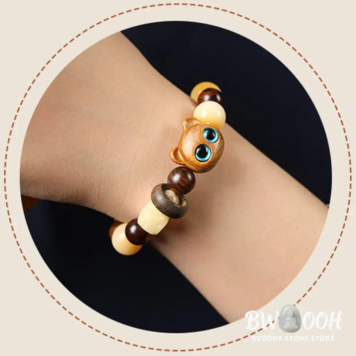 Buddha Stones Natural Bodhi Seed Sandalwood Lucky Cute Cat Head Paw Claw Peace Bracelet - BWOOOH - Bracelet