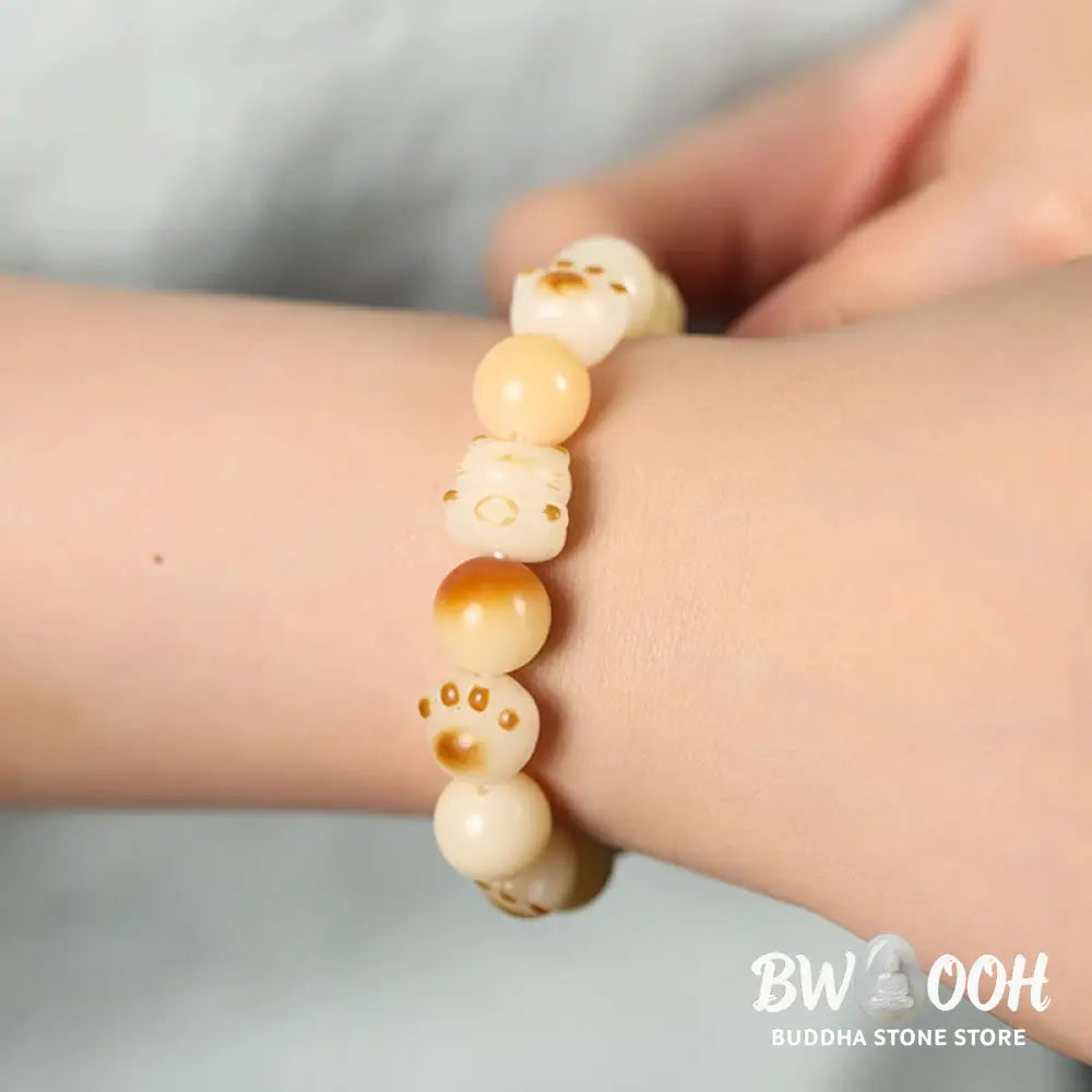 Buddha Stones Natural Bodhi Seed Sandalwood Lucky Cute Cat Head Paw Claw Peace Bracelet - BWOOOH - Bracelet