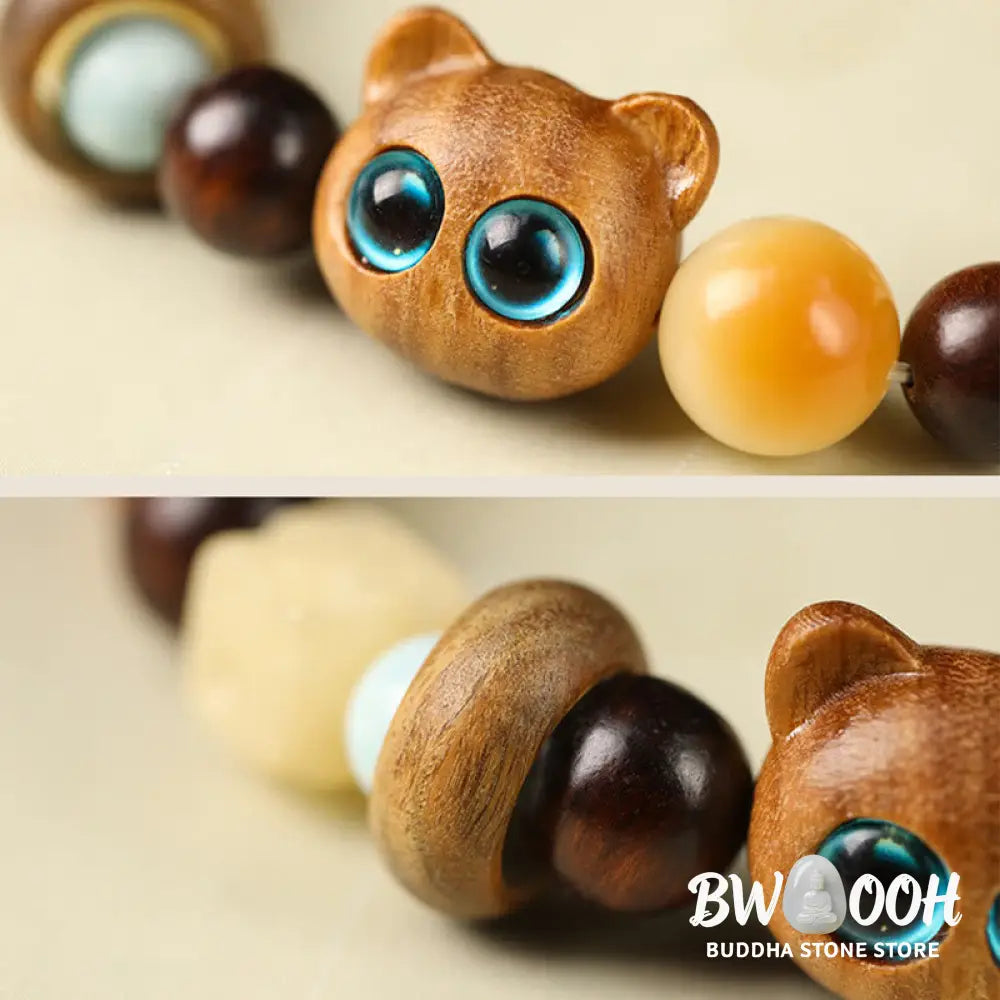 Buddha Stones Natural Bodhi Seed Sandalwood Lucky Cute Cat Head Paw Claw Peace Bracelet - BWOOOH - Bracelet