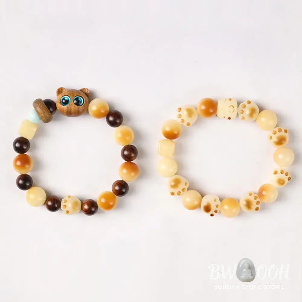 Buddha Stones Natural Bodhi Seed Sandalwood Lucky Cute Cat Head Paw Claw Peace Bracelet - BWOOOH - Bracelet