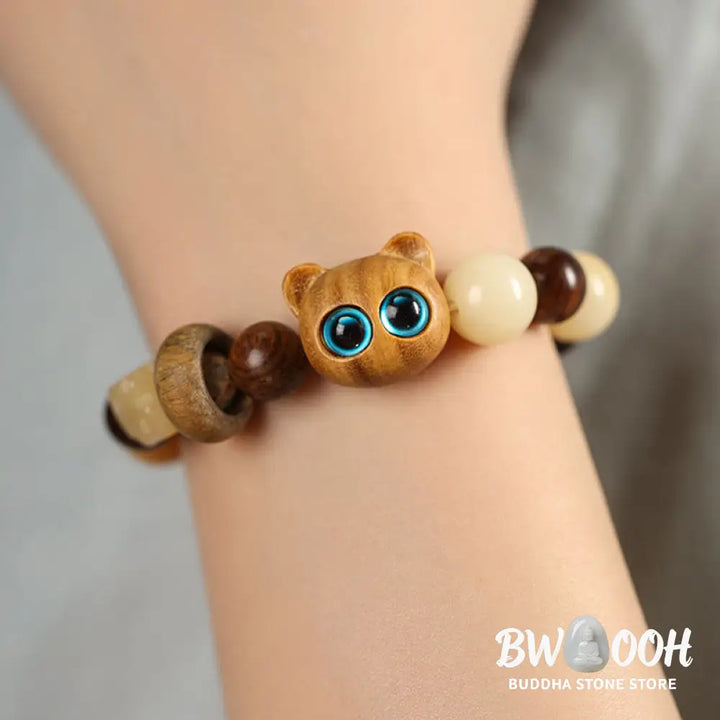 Buddha Stones Natural Bodhi Seed Sandalwood Lucky Cute Cat Head Paw Claw Peace Bracelet - BWOOOH - Bracelet