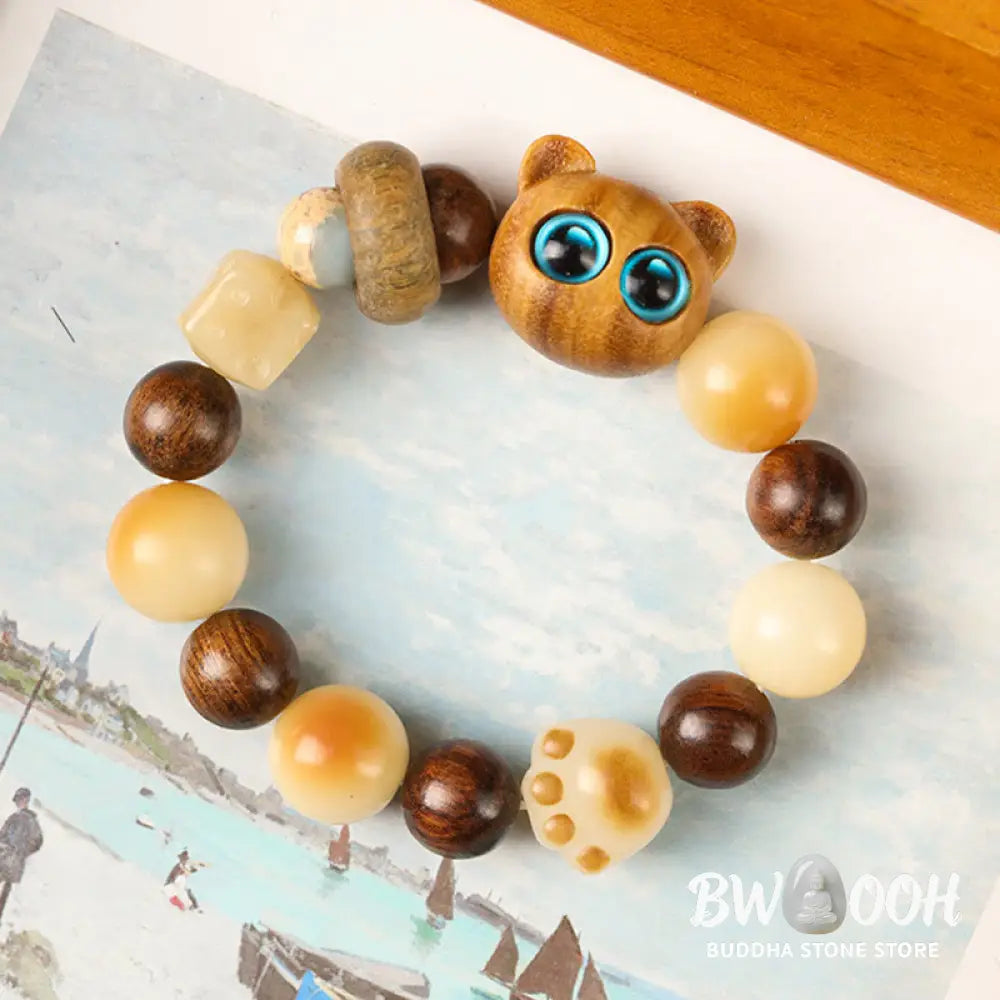 Buddha Stones Natural Bodhi Seed Sandalwood Lucky Cute Cat Head Paw Claw Peace Bracelet - BWOOOH - Bracelet