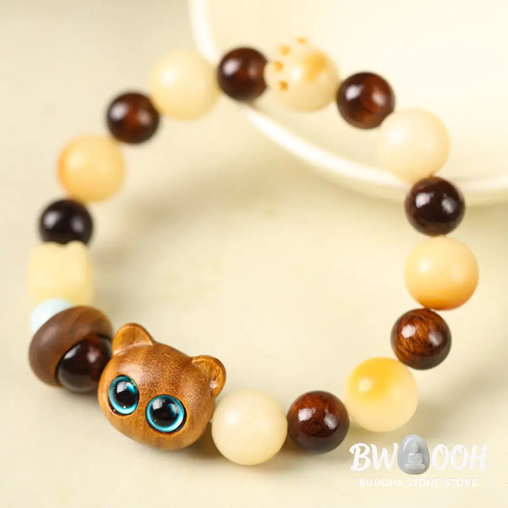 Buddha Stones Natural Bodhi Seed Sandalwood Lucky Cute Cat Head Paw Claw Peace Bracelet - BWOOOH - Bracelet