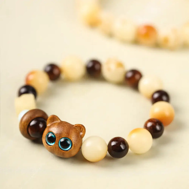 BWOOOH Natural Bodhi Seed Sandalwood Lucky Cute Cat Head Paw Claw Peace Bracelet - BWOOOH - Green Sandalwood
