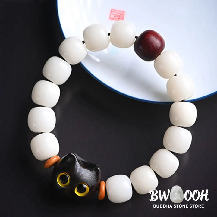 Buddha Stones Natural Bodhi Seed Small Leaf Red Sandalwood Ebony Wood Cute Lucky Cat Wisdom Bracelet - BWOOOH - Bracelet