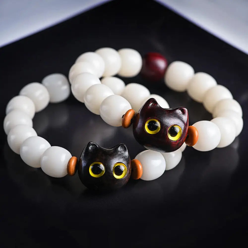 BWOOOH Natural Bodhi Seed Small Leaf Red Sandalwood Ebony Wood Cute Lucky Cat Wisdom Bracelet - BWOOOH - Bracelet