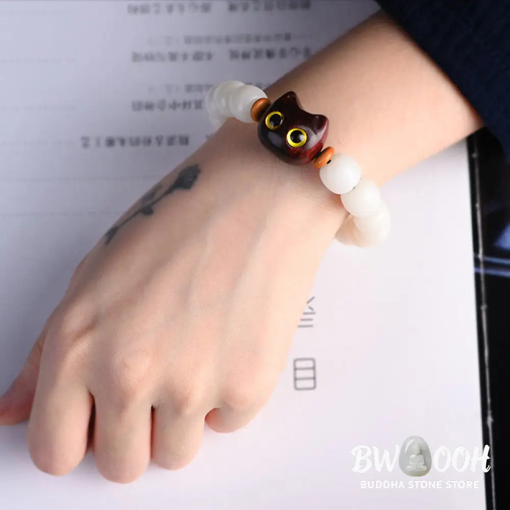 Buddha Stones Natural Bodhi Seed Small Leaf Red Sandalwood Ebony Wood Cute Lucky Cat Wisdom Bracelet - BWOOOH - Bracelet