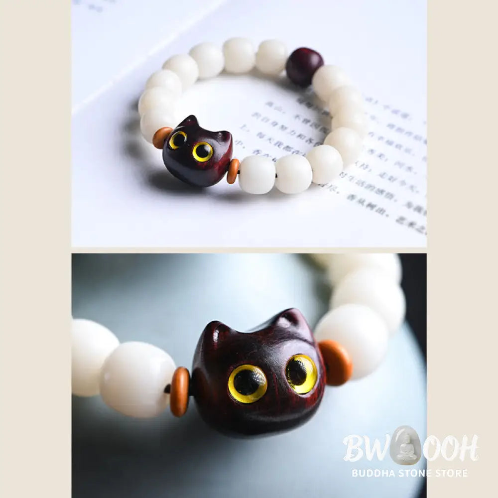 Buddha Stones Natural Bodhi Seed Small Leaf Red Sandalwood Ebony Wood Cute Lucky Cat Wisdom Bracelet - BWOOOH - Bracelet