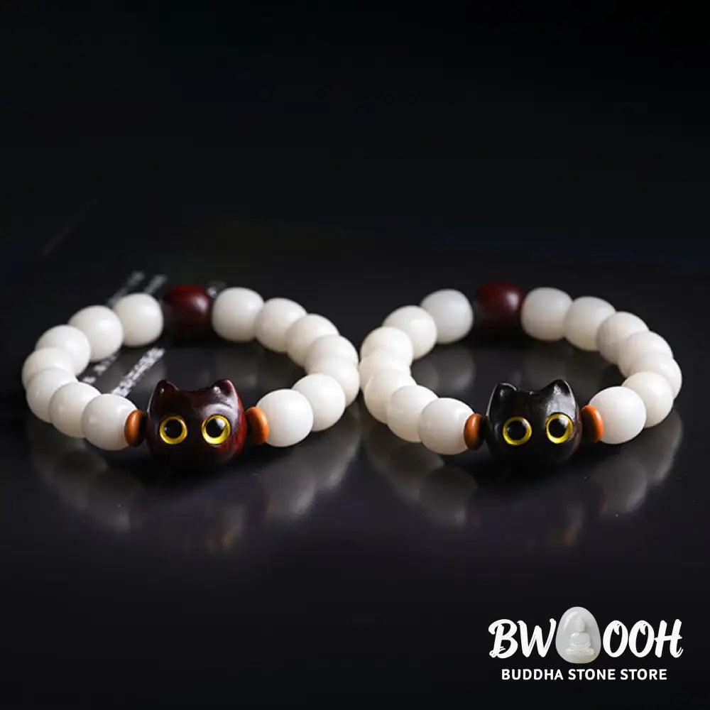 Buddha Stones Natural Bodhi Seed Small Leaf Red Sandalwood Ebony Wood Cute Lucky Cat Wisdom Bracelet - BWOOOH - Bracelet