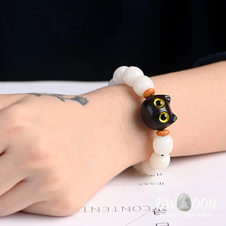 Buddha Stones Natural Bodhi Seed Small Leaf Red Sandalwood Ebony Wood Cute Lucky Cat Wisdom Bracelet - BWOOOH - Bracelet