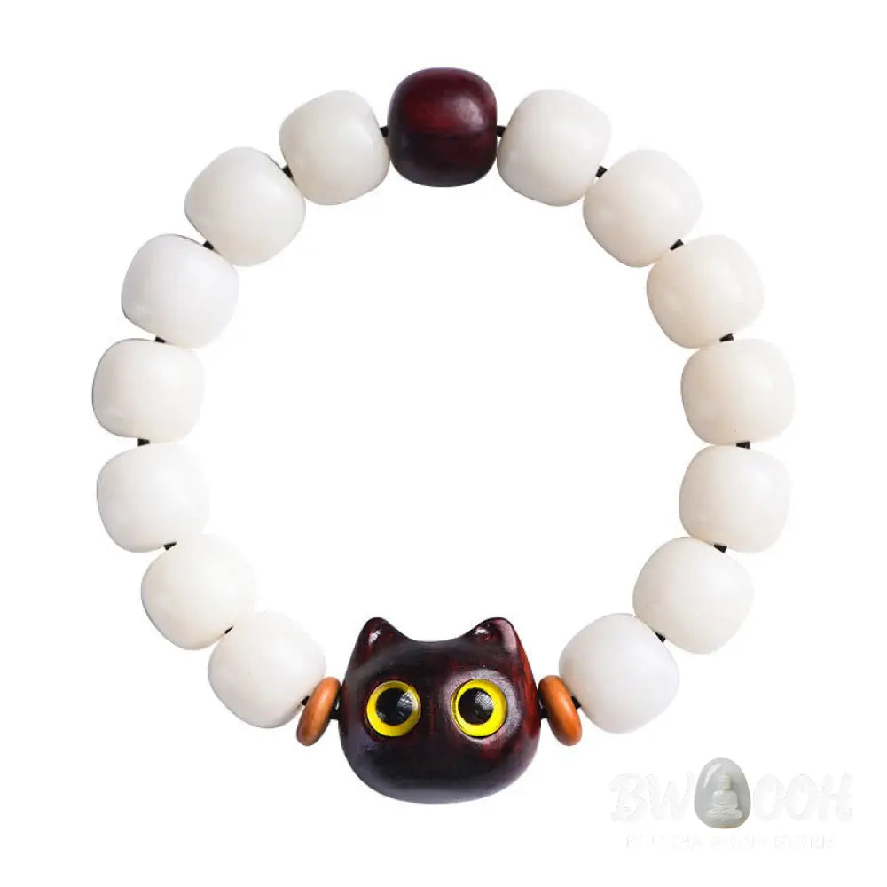 Buddha Stones Natural Bodhi Seed Small Leaf Red Sandalwood Ebony Wood Cute Lucky Cat Wisdom Bracelet - BWOOOH - Bracelet