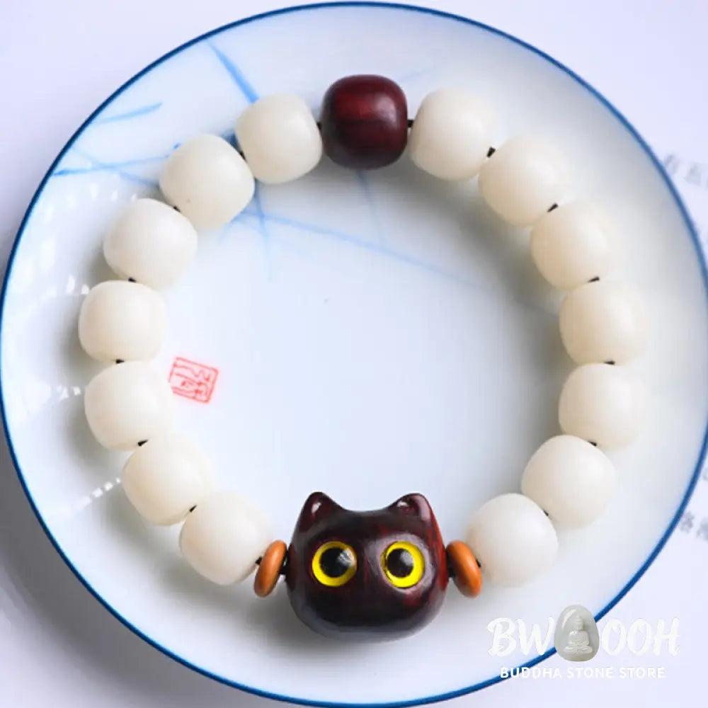 Buddha Stones Natural Bodhi Seed Small Leaf Red Sandalwood Ebony Wood Cute Lucky Cat Wisdom Bracelet - BWOOOH - Bracelet