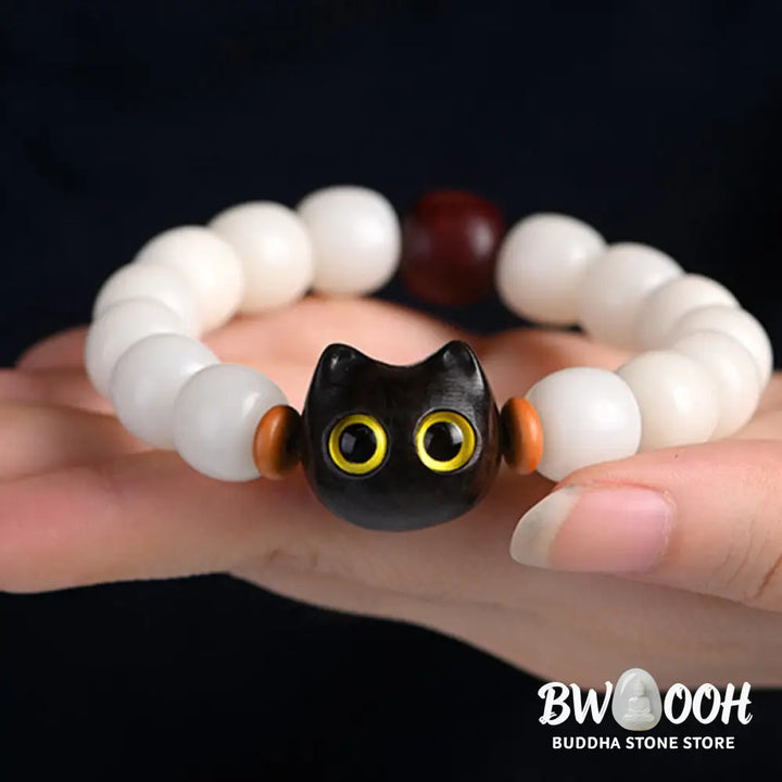 Buddha Stones Natural Bodhi Seed Small Leaf Red Sandalwood Ebony Wood Cute Lucky Cat Wisdom Bracelet - BWOOOH - Bracelet