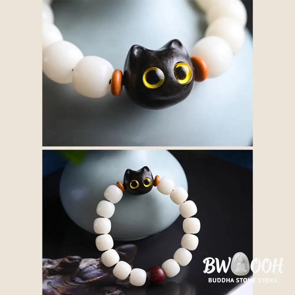 Buddha Stones Natural Bodhi Seed Small Leaf Red Sandalwood Ebony Wood Cute Lucky Cat Wisdom Bracelet - BWOOOH - Bracelet