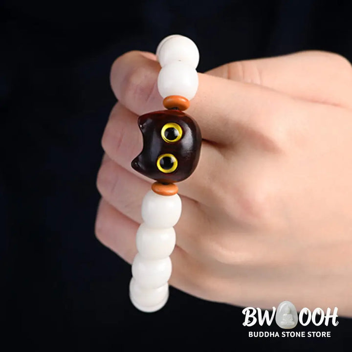 Buddha Stones Natural Bodhi Seed Small Leaf Red Sandalwood Ebony Wood Cute Lucky Cat Wisdom Bracelet - BWOOOH - Bracelet