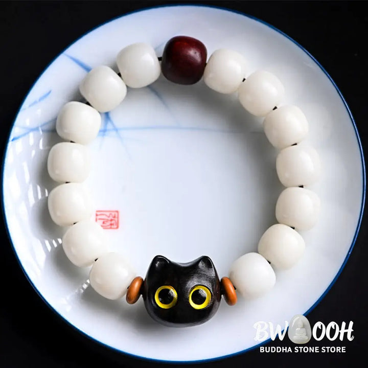 Buddha Stones Natural Bodhi Seed Small Leaf Red Sandalwood Ebony Wood Cute Lucky Cat Wisdom Bracelet - BWOOOH - Bracelet