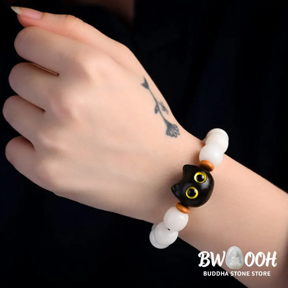 Buddha Stones Natural Bodhi Seed Small Leaf Red Sandalwood Ebony Wood Cute Lucky Cat Wisdom Bracelet - BWOOOH - Bracelet