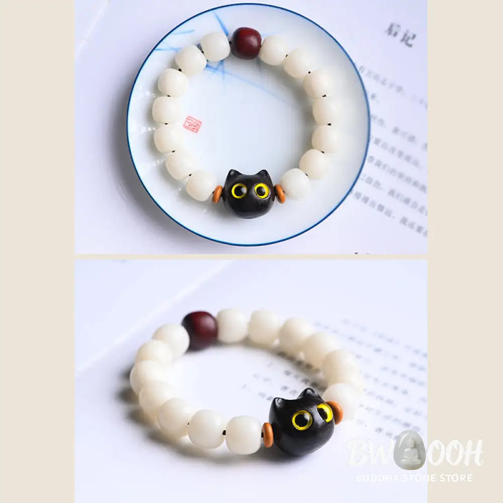 Buddha Stones Natural Bodhi Seed Small Leaf Red Sandalwood Ebony Wood Cute Lucky Cat Wisdom Bracelet - BWOOOH - Bracelet