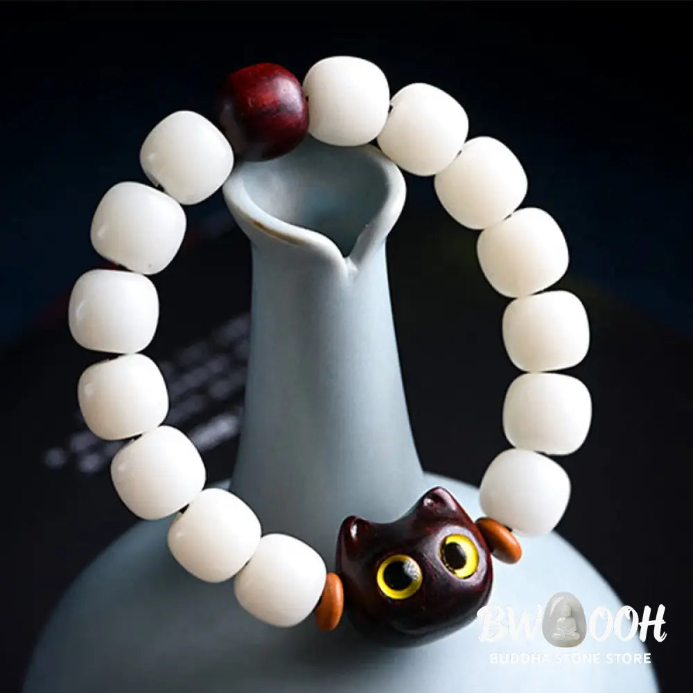 Buddha Stones Natural Bodhi Seed Small Leaf Red Sandalwood Ebony Wood Cute Lucky Cat Wisdom Bracelet - BWOOOH - Bracelet