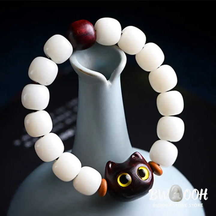 Buddha Stones Natural Bodhi Seed Small Leaf Red Sandalwood Ebony Wood Cute Lucky Cat Wisdom Bracelet - BWOOOH - Bracelet