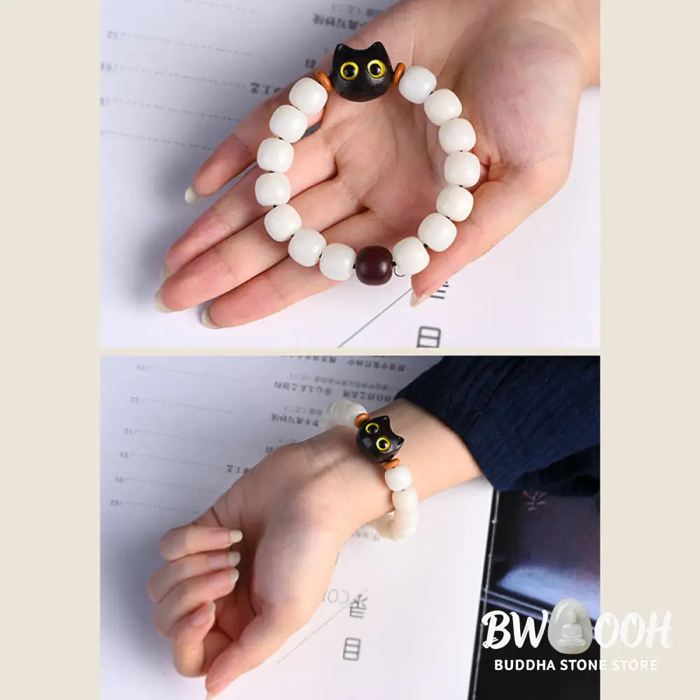 Buddha Stones Natural Bodhi Seed Small Leaf Red Sandalwood Ebony Wood Cute Lucky Cat Wisdom Bracelet - BWOOOH - Bracelet