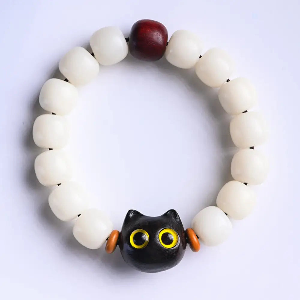 Buddha Stones Natural Bodhi Seed Small Leaf Red Sandalwood Ebony Wood Cute Lucky Cat Wisdom Bracelet - BWOOOH - Ebony