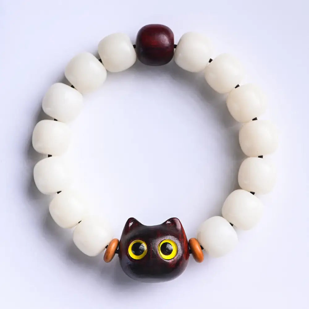 Buddha Stones Natural Bodhi Seed Small Leaf Red Sandalwood Ebony Wood Cute Lucky Cat Wisdom Bracelet - BWOOOH - Small