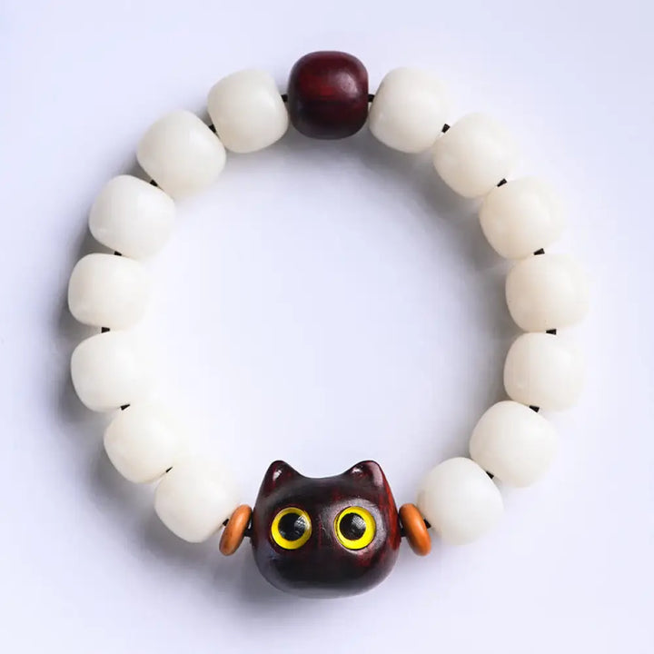 Buddha Stones Natural Bodhi Seed Small Leaf Red Sandalwood Ebony Wood Cute Lucky Cat Wisdom Bracelet - BWOOOH - Small