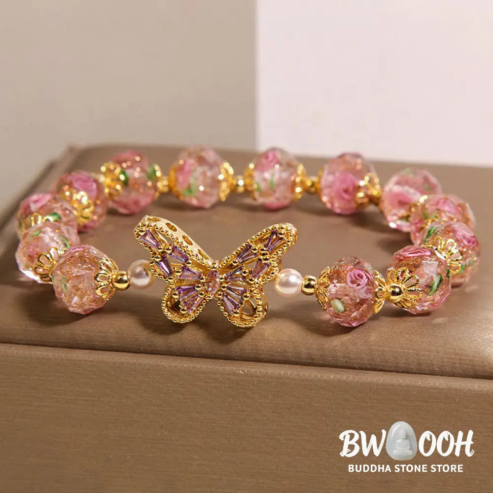 Buddha Stones Natural Butterfly Rose Design Pink Crystal Warmth Bracelet - Pink Crystal(Wrist Circumference:15-17cm)